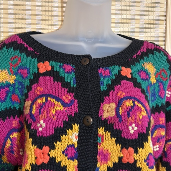 Ormond Shops Vintage Black Floral Embroidered Loose Knit Cardigan Sweater Small - Picture 6 of 15